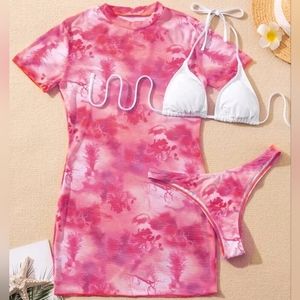 3-piece triangle bikini swimsuit with cover up mesh. Size L.